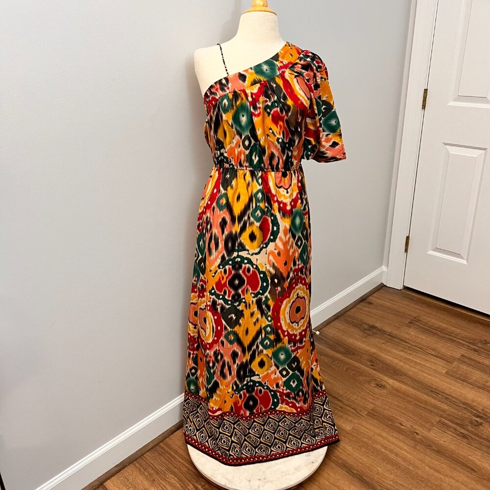 Angie One Shoulder Asymmetrical Colorful Festival Artsy Maxi Dress Sz S